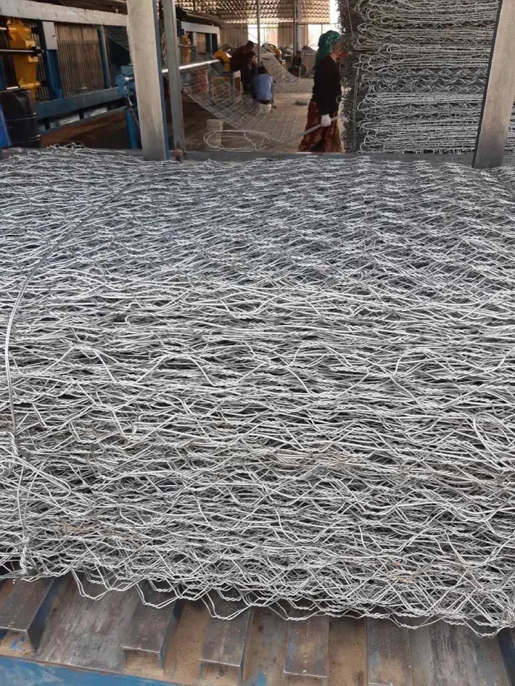 Close-up of a finished double-twisted hexagonal wire mesh roll