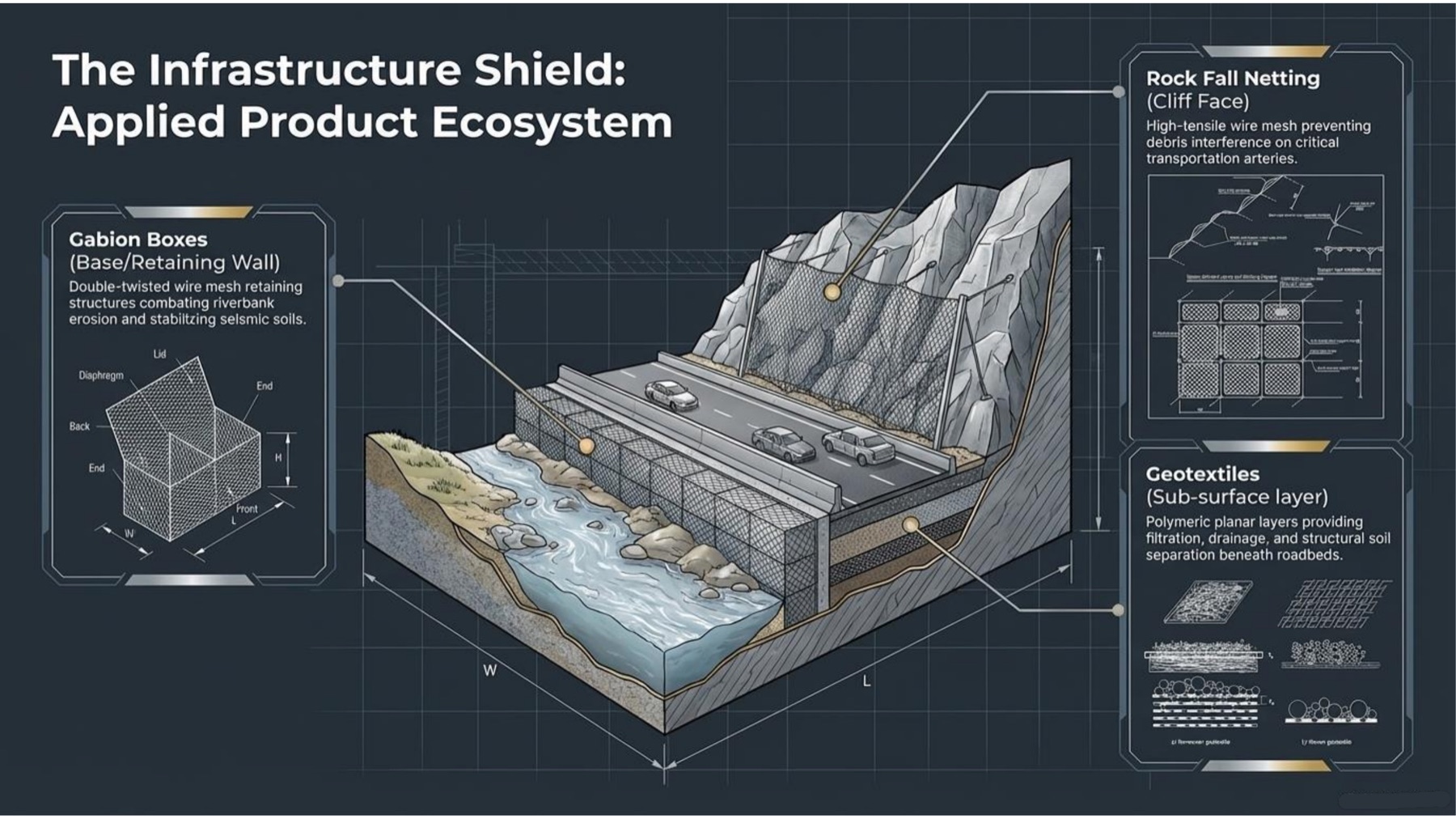 Cross-section diagram showing Gabion Boxes forming a retaining wall along a riverbank, Rockfall Netting shielding the cliff face above a road, and Geotextiles working as a sub-surface layer beneath the roadbed.